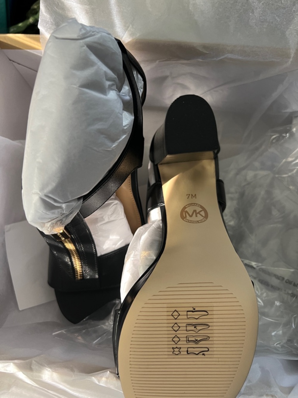 Michael Kors Black Leather Block Heel Sandals with Gold Zip Accent